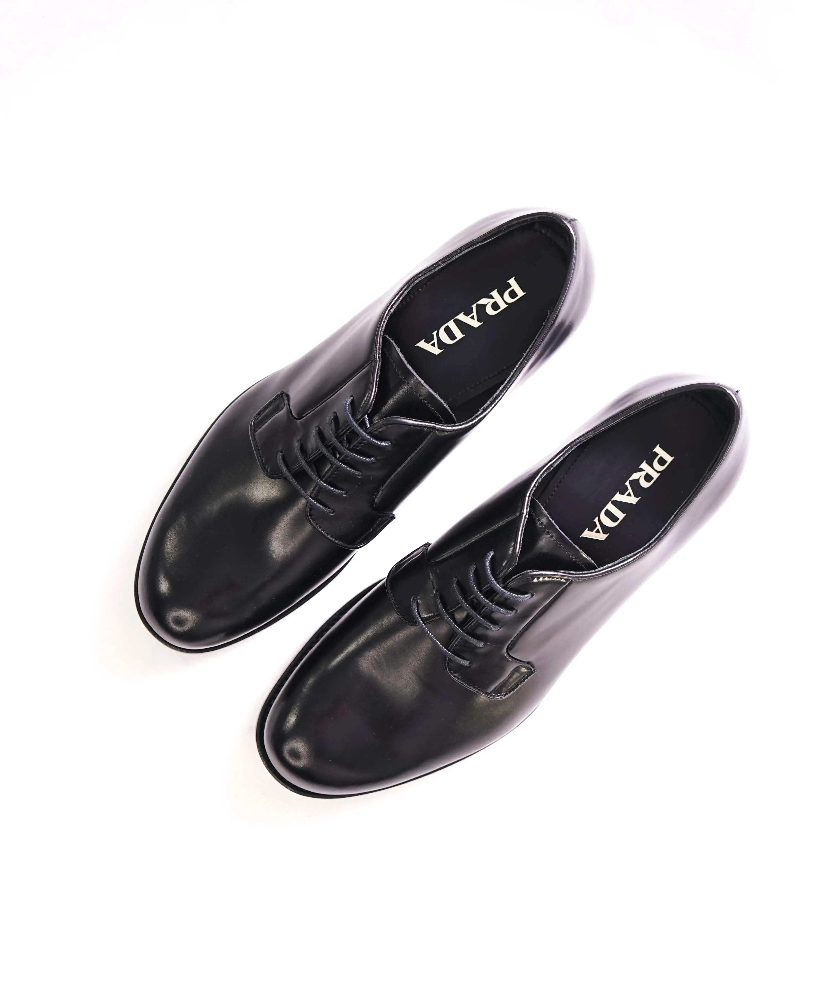 $950 PRADA - Black Brushed Leather Oxfords - 8 US (7 Prada)