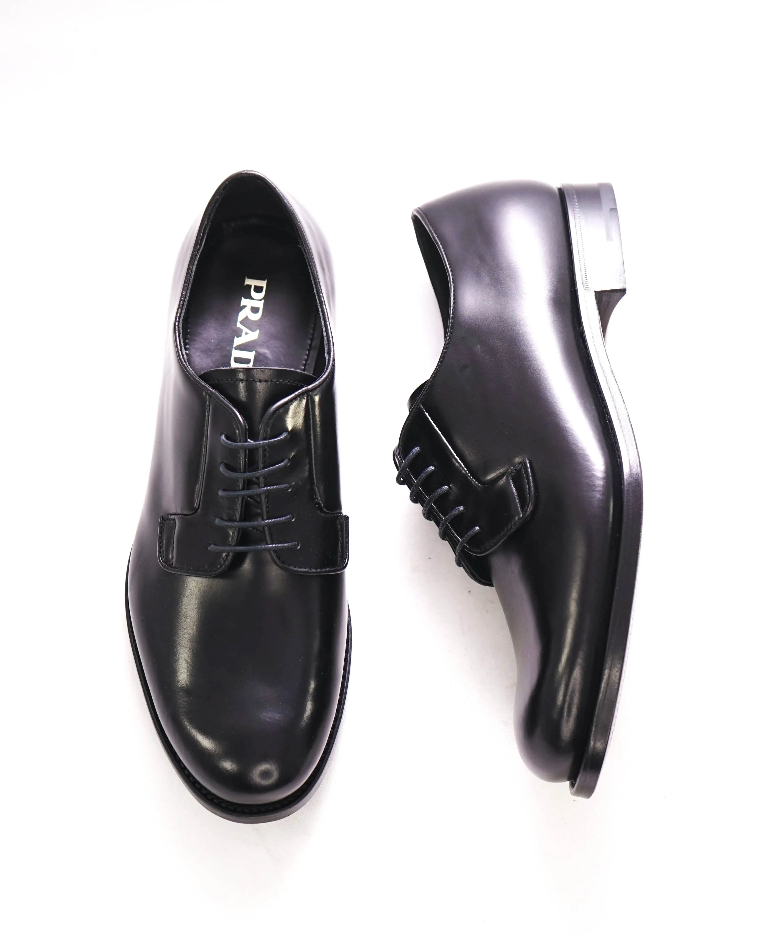 $950 PRADA - Black Brushed Leather Oxfords - 8 US (7 Prada)
