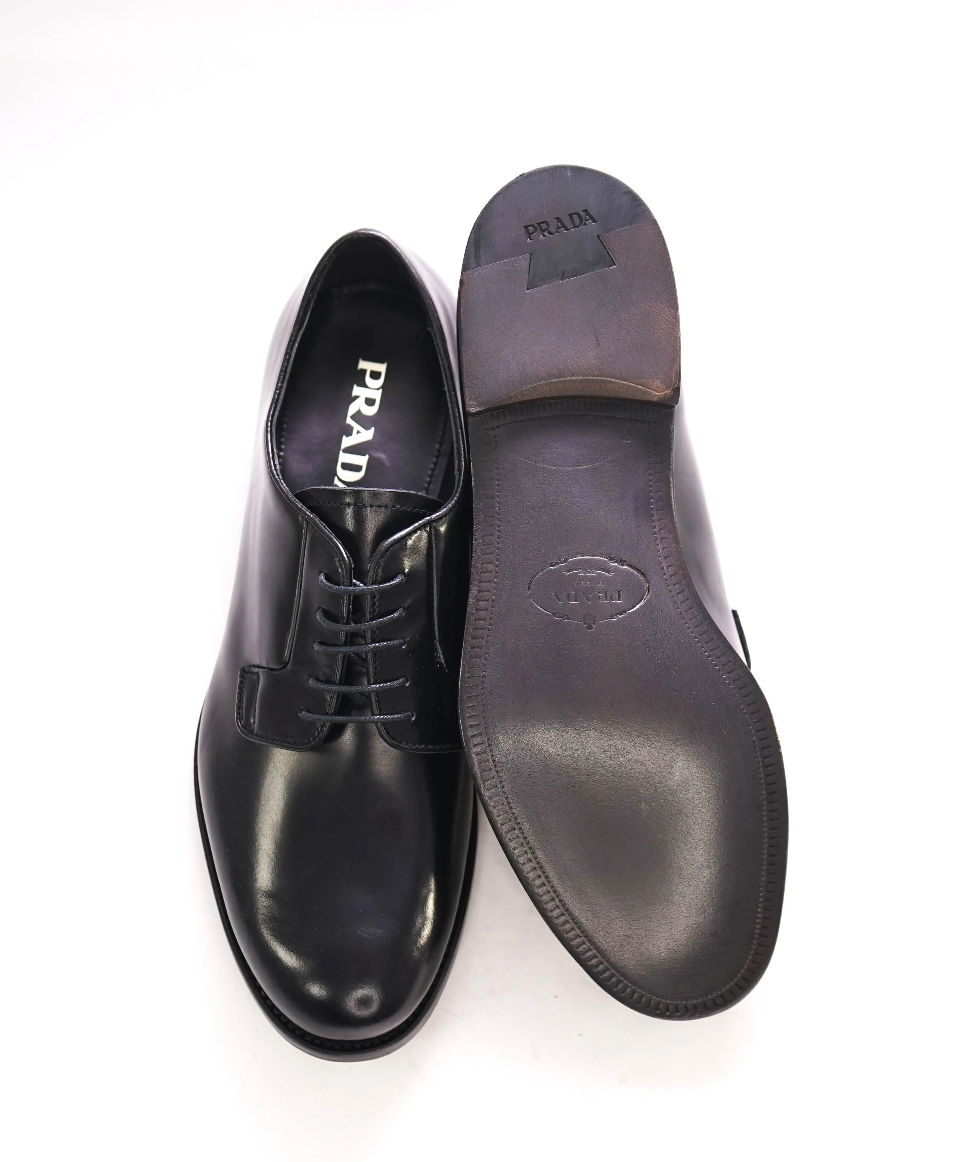 $950 PRADA - Black Brushed Leather Oxfords - 8 US (7 Prada)