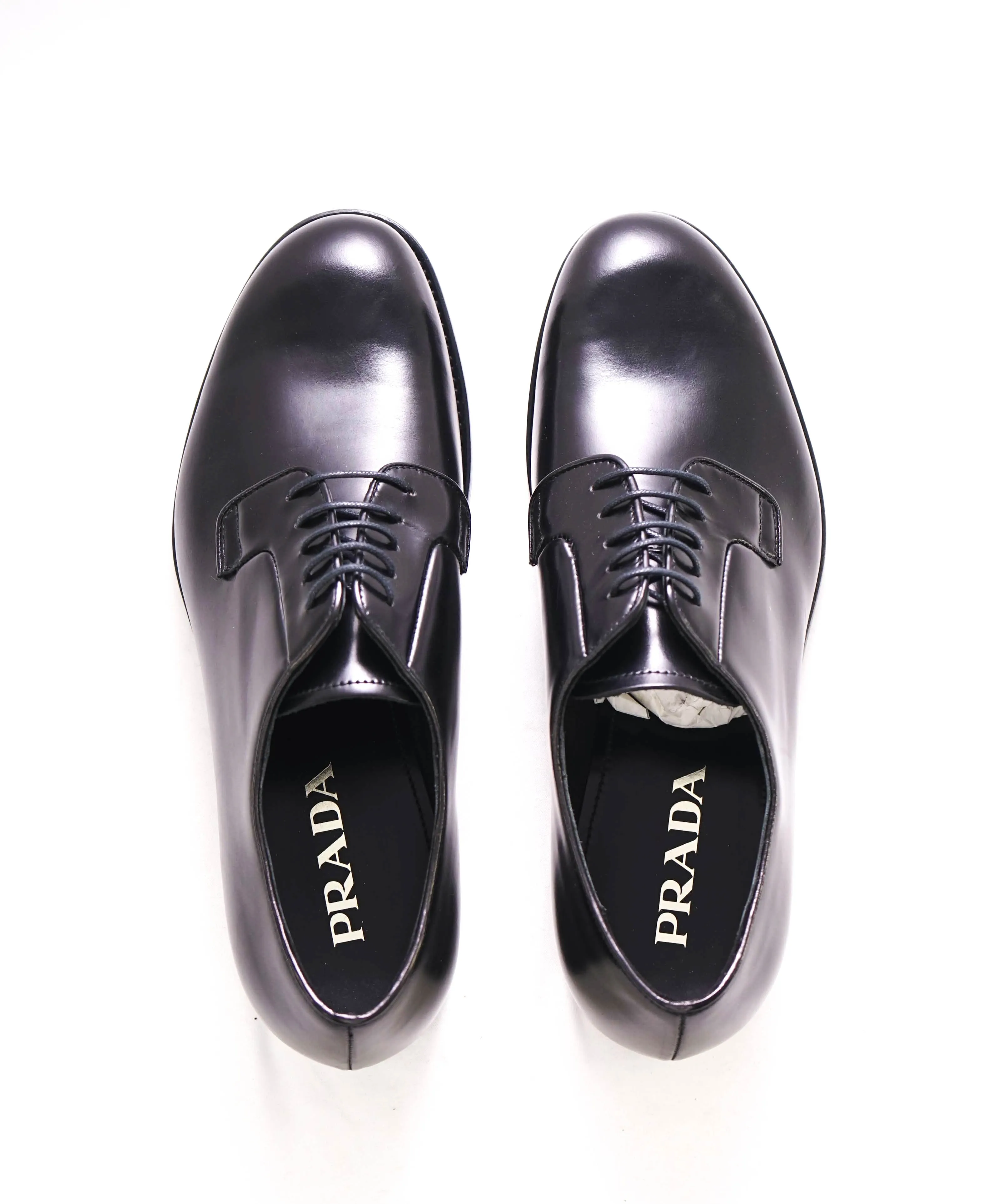 $950 PRADA - Black Brushed Leather Oxfords - 8 US (7 Prada)