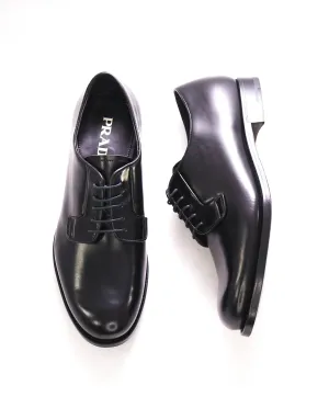 $950 PRADA - Black Brushed Leather Oxfords - 8 US (7 Prada)