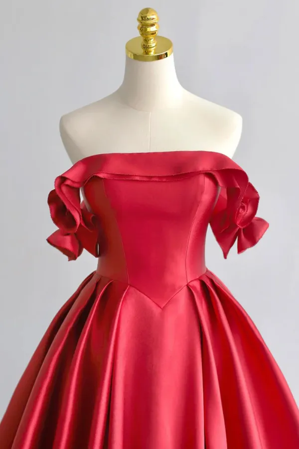A Line Satin Long Prom Dress, Elegant Off the Shoulder Evening Party Dress APP1082