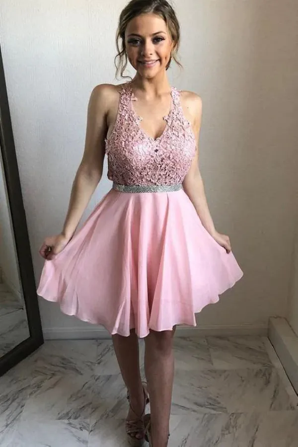 A Line Short Lace Appliques Sleeveless V Neck Scarlet Pink Homecoming Dresses APH0246