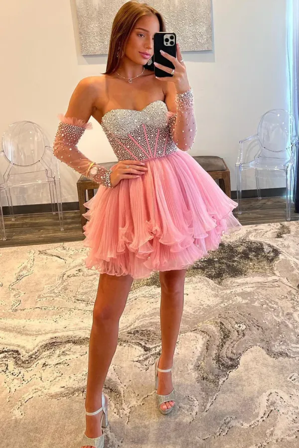 A Line Sweetheart Beads Pink Long Sleeves Party Dress, Cute Homecoming Dress APH0250