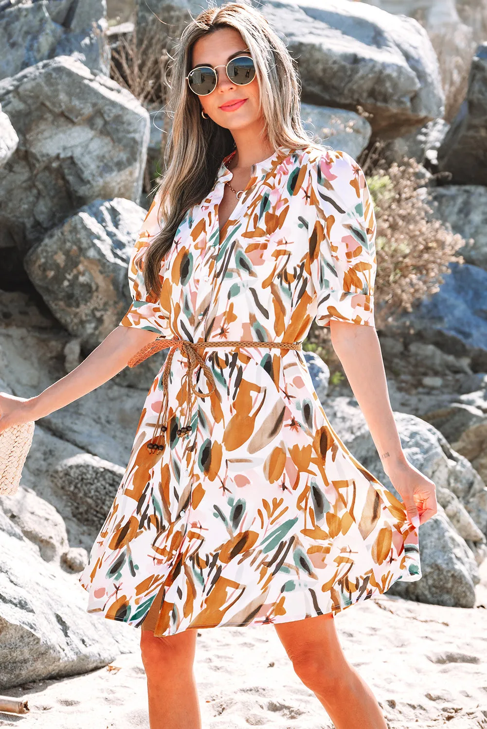 Abstract Printed Puff Sleeve Button Up Braided Belt Mini Dress