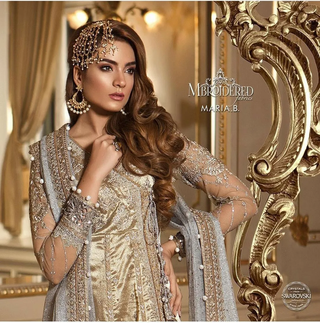 Angrakha And Sharara In Shimmer Gold Color by Maria.B Model# C 1715