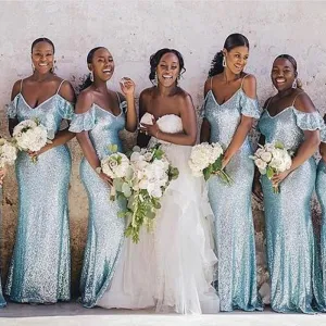 Baby Blue Sparkly Spaghetti Strap V-neck Off-shoulder Mermaid Long Bridesmaid Dress, BD3085