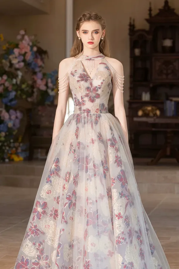 Beautiful Floral Tulle Long Prom Dress, A Line Halter Evening Party Dress APP1113