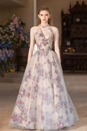 Beautiful Floral Tulle Long Prom Dress, A Line Halter Evening Party Dress APP1113