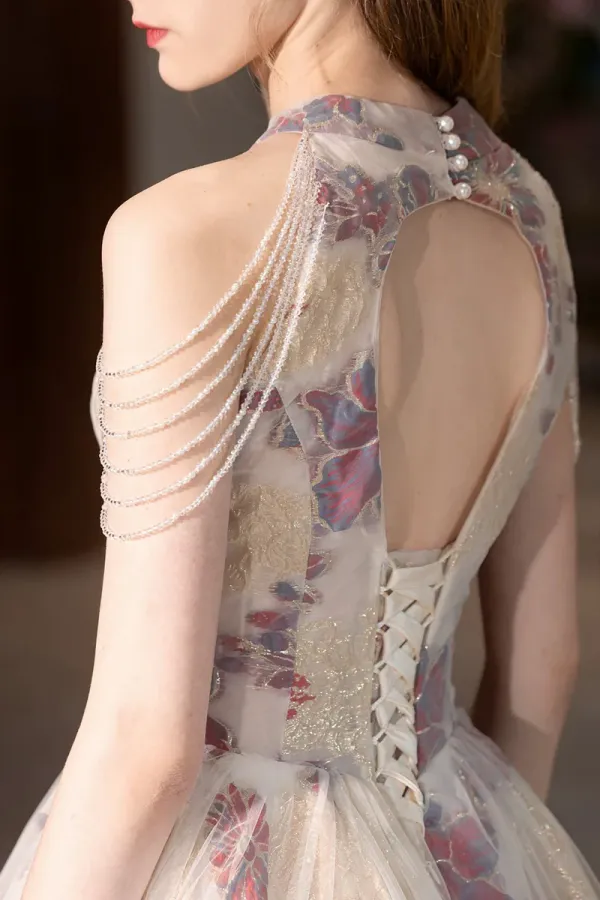 Beautiful Floral Tulle Long Prom Dress, A Line Halter Evening Party Dress APP1113