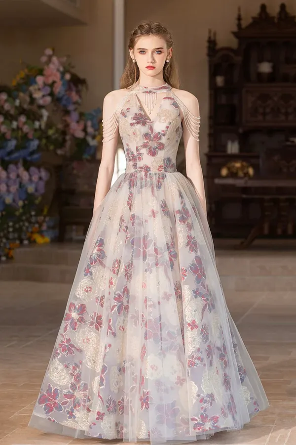 Beautiful Floral Tulle Long Prom Dress, A Line Halter Evening Party Dress APP1113