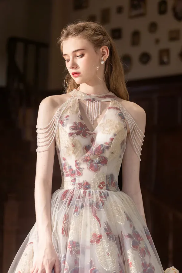 Beautiful Floral Tulle Long Prom Dress, A Line Halter Evening Party Dress APP1113