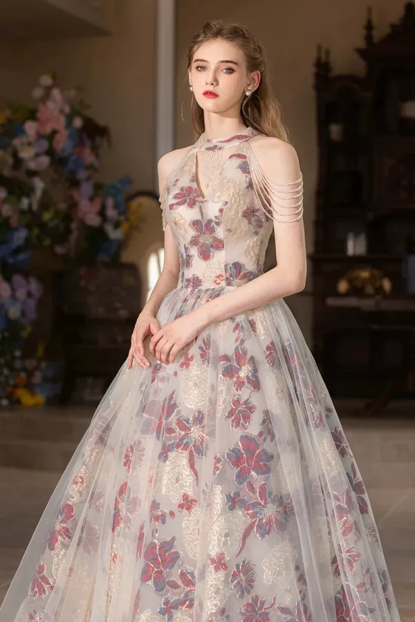 Beautiful Floral Tulle Long Prom Dress, A Line Halter Evening Party Dress APP1113