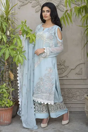 Beautiful Pakistani crinkle chiffon dress in aqua-blue color # P2291