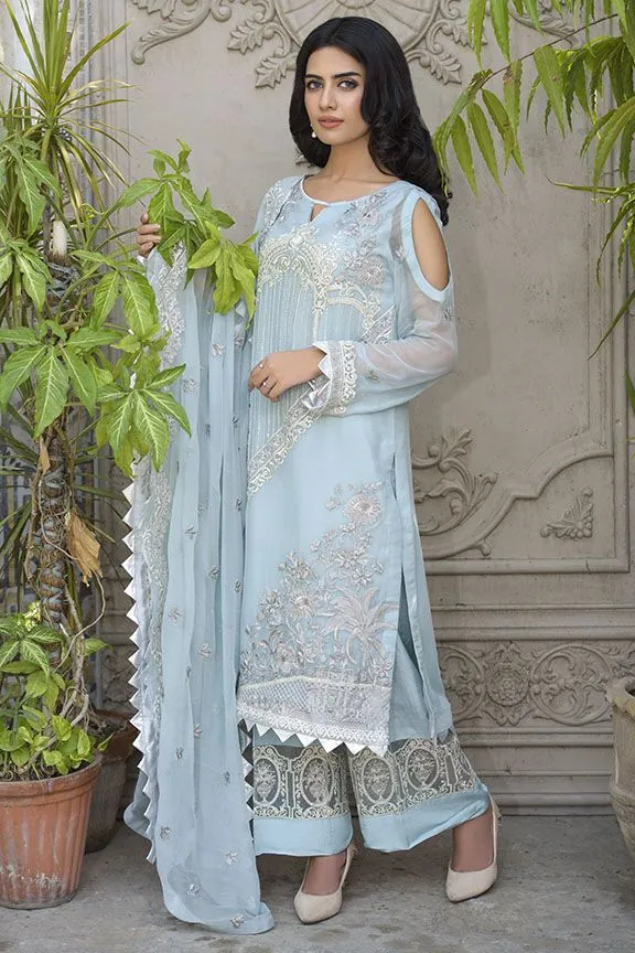 Beautiful Pakistani crinkle chiffon dress in aqua-blue color # P2291