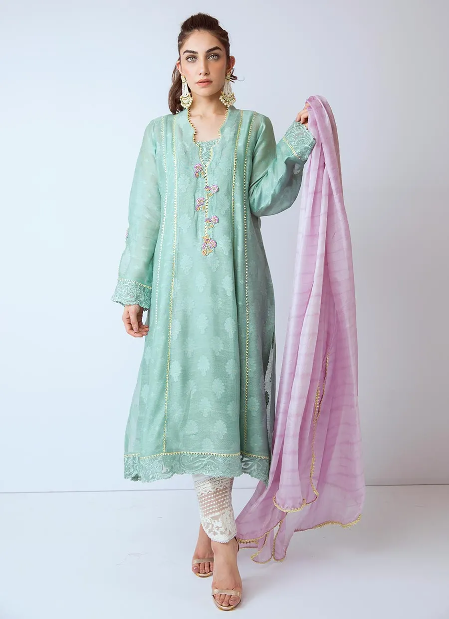 Beautiful Pakistani organza dress in green color # P2270