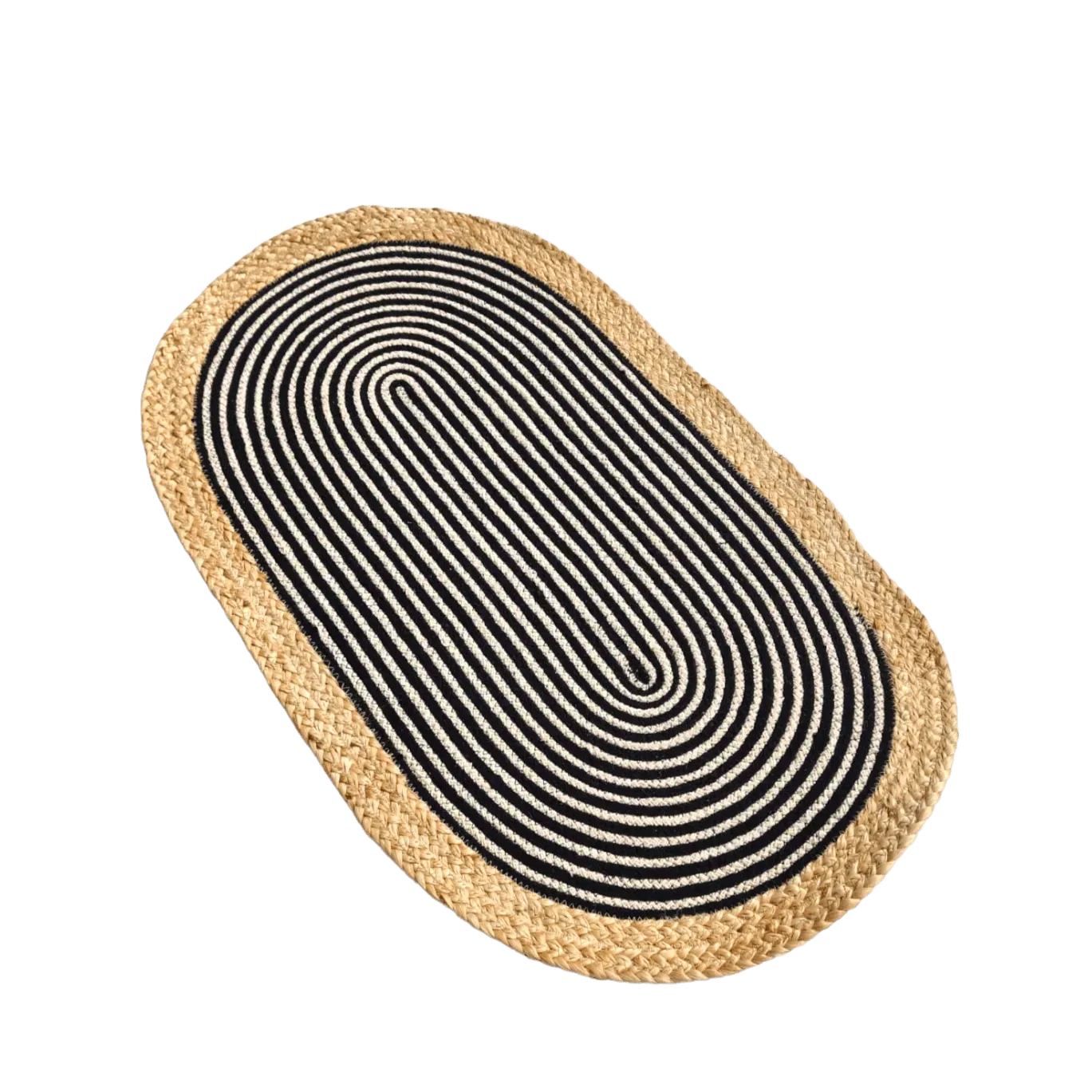 Beige and Black Oval Jute Rug