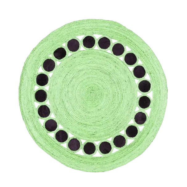 Black and Green Circle Round Jute Rug