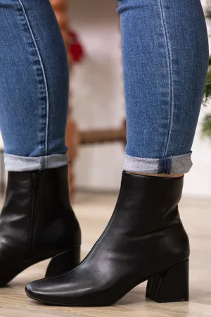 Black Block Heel Faux Leather Booties