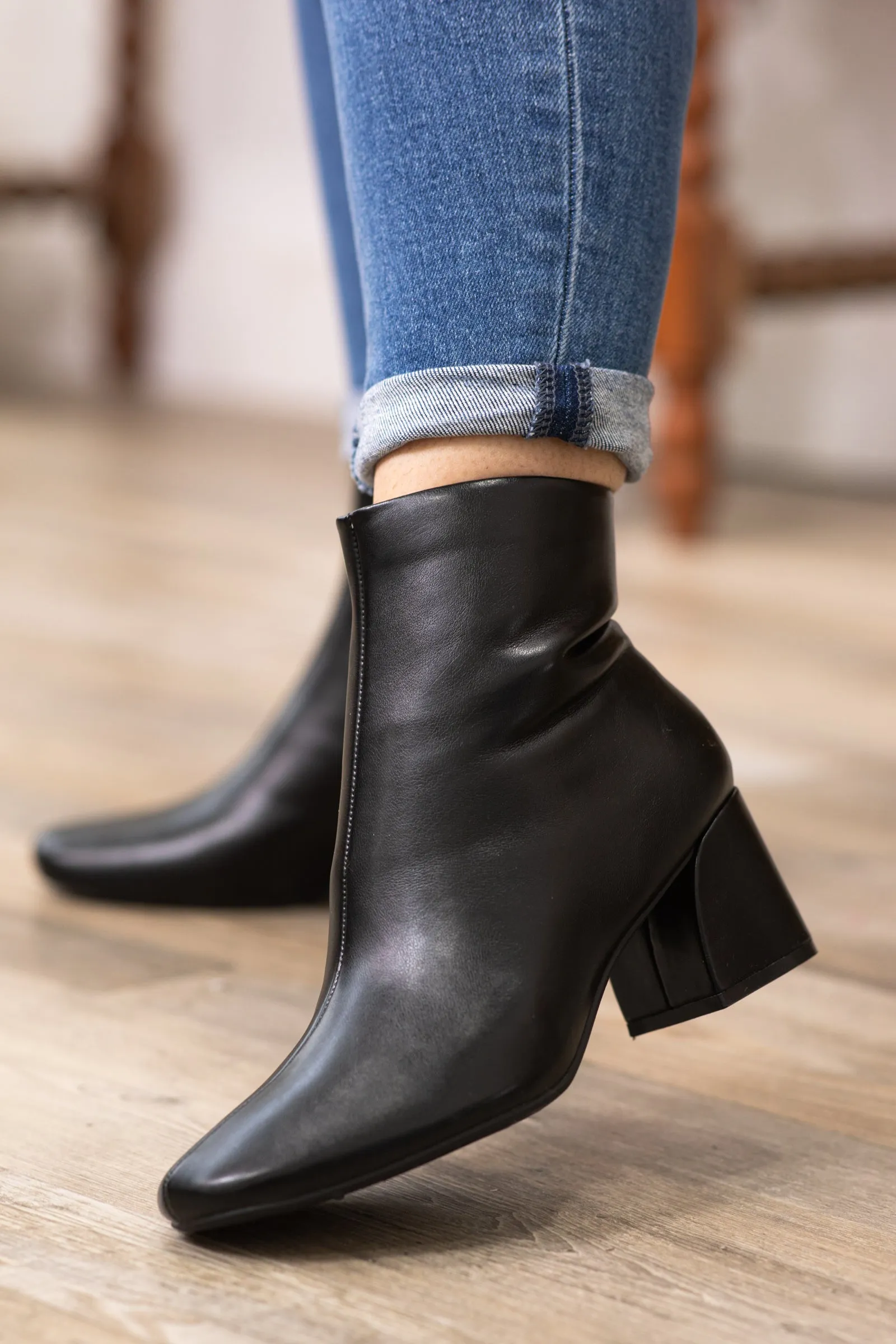 Black Block Heel Faux Leather Booties