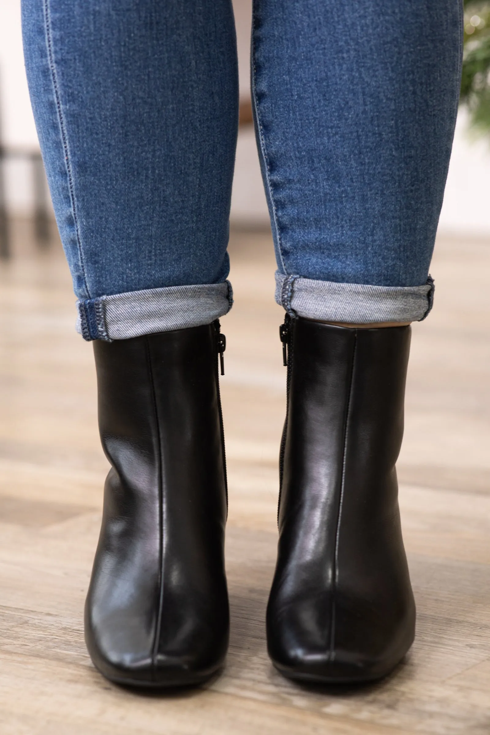 Black Block Heel Faux Leather Booties