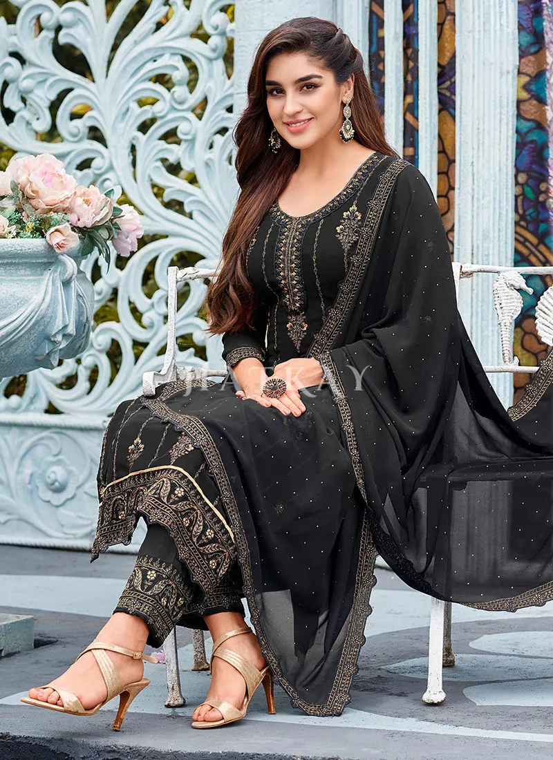 Black Embroidered Traditional Pant Style Suit