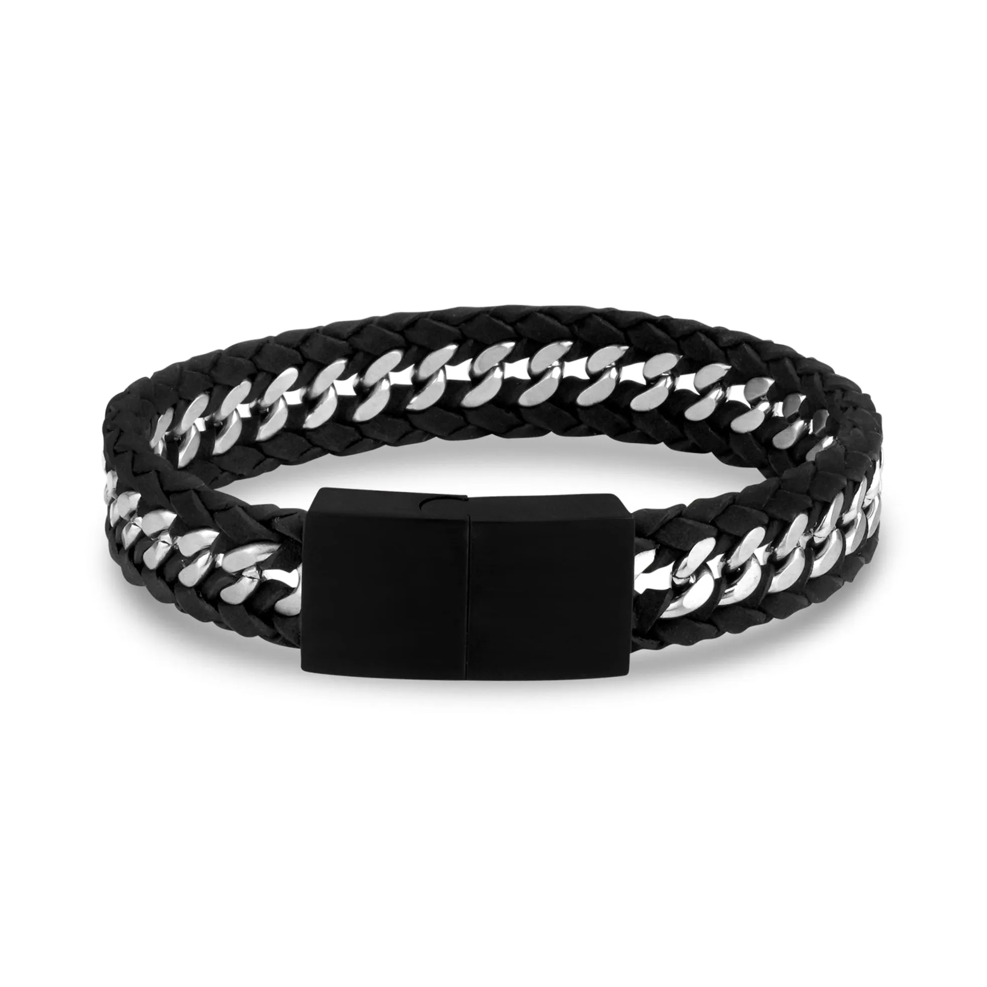 Black Leather Cuban Link Bracelet