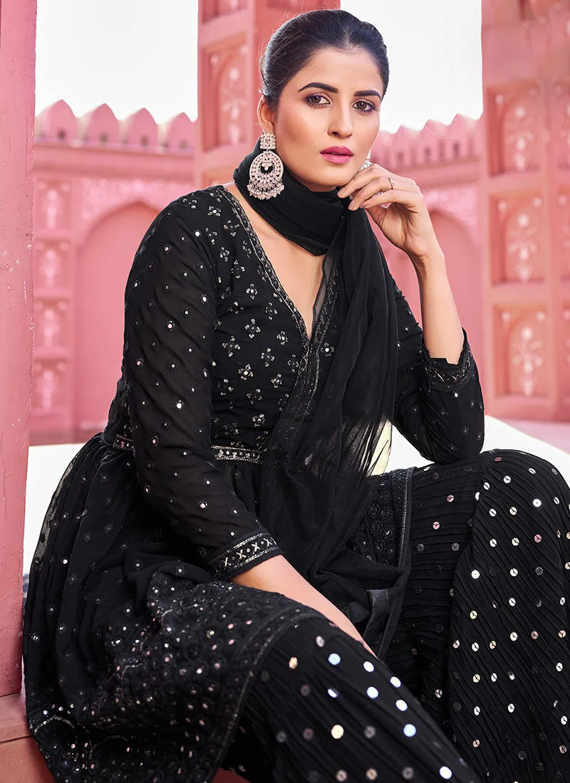 Black Sequence Embroidery Peplum Style Sharara Suit