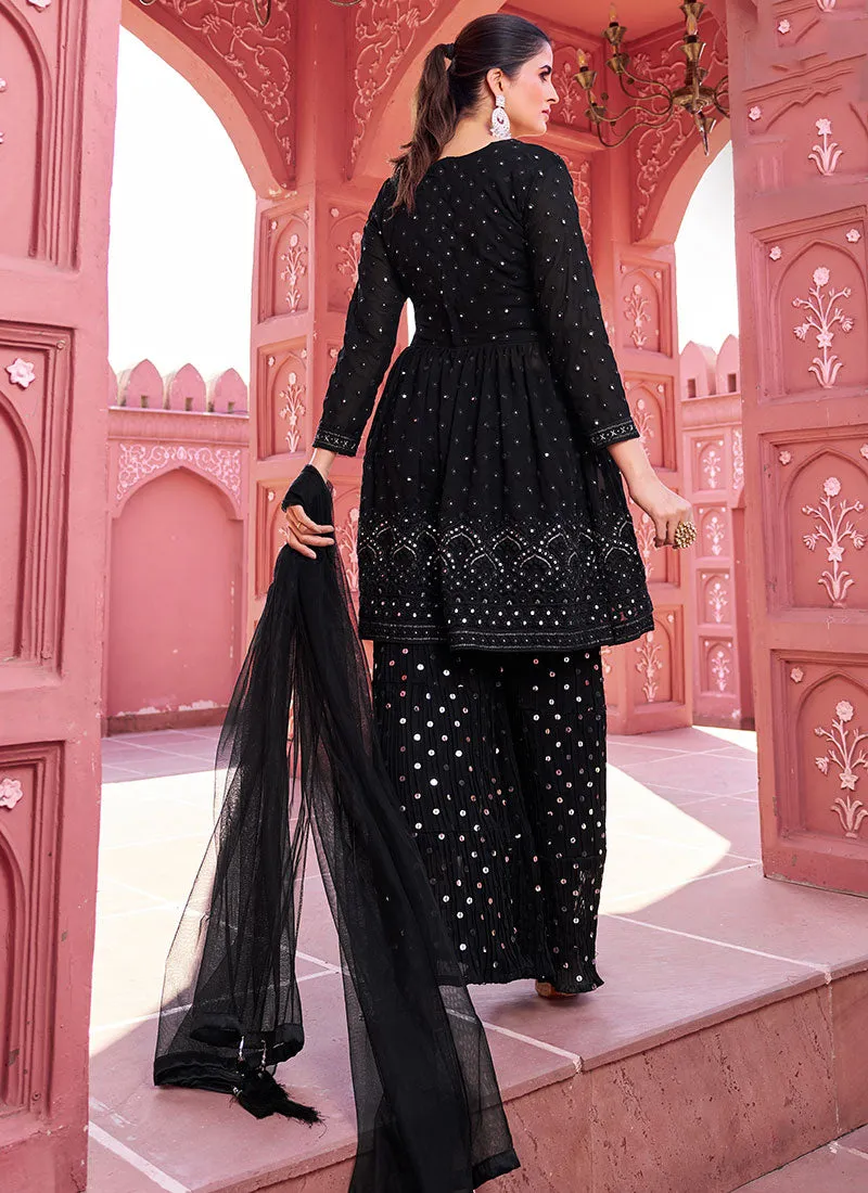 Black Sequence Embroidery Peplum Style Sharara Suit