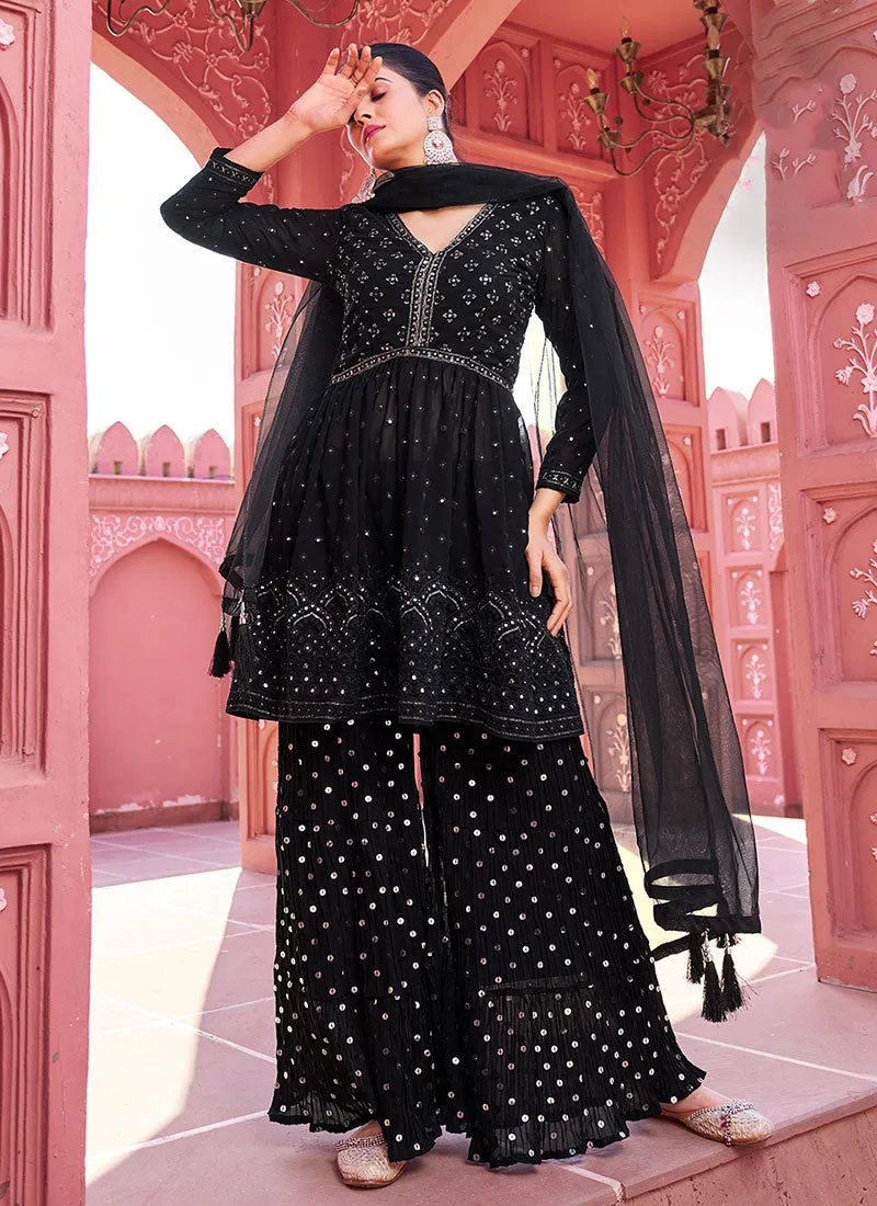 Black Sequence Embroidery Peplum Style Sharara Suit