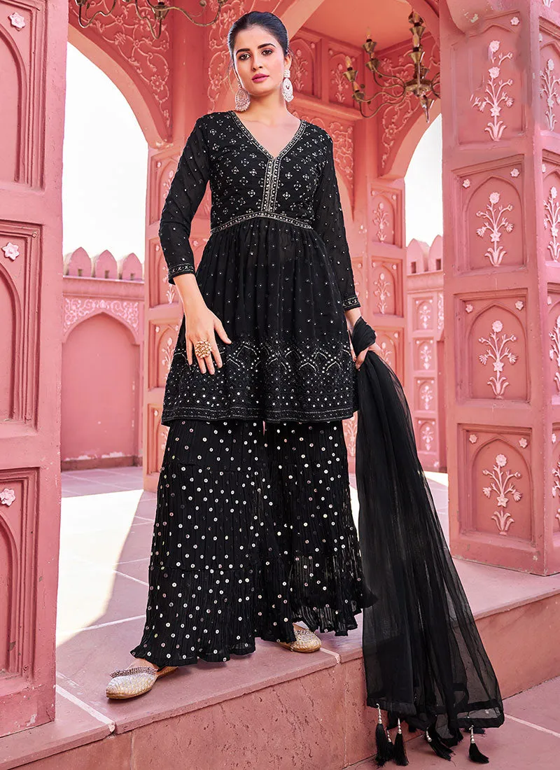 Black Sequence Embroidery Peplum Style Sharara Suit