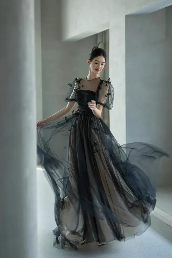 Black Tulle Sequins Long Prom Dress, Lovely A Line Evening Party Dress APP0884