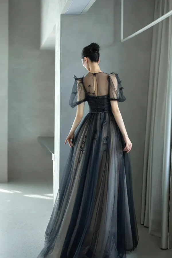 Black Tulle Sequins Long Prom Dress, Lovely A Line Evening Party Dress APP0884