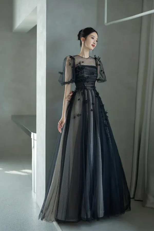 Black Tulle Sequins Long Prom Dress, Lovely A Line Evening Party Dress APP0884