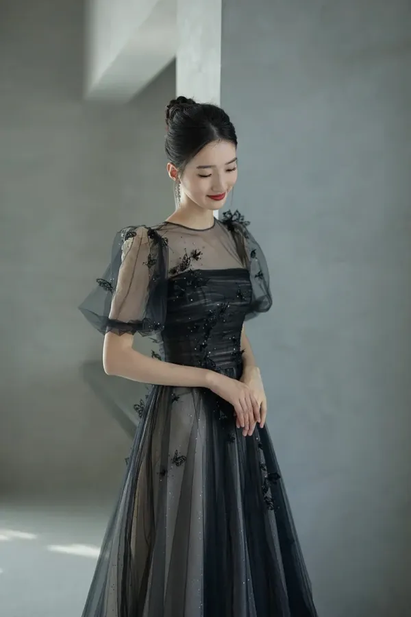 Black Tulle Sequins Long Prom Dress, Lovely A Line Evening Party Dress APP0884