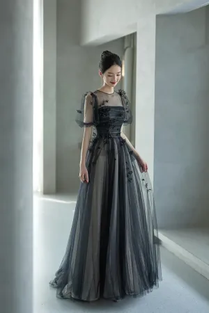 Black Tulle Sequins Long Prom Dress, Lovely A Line Evening Party Dress APP0884