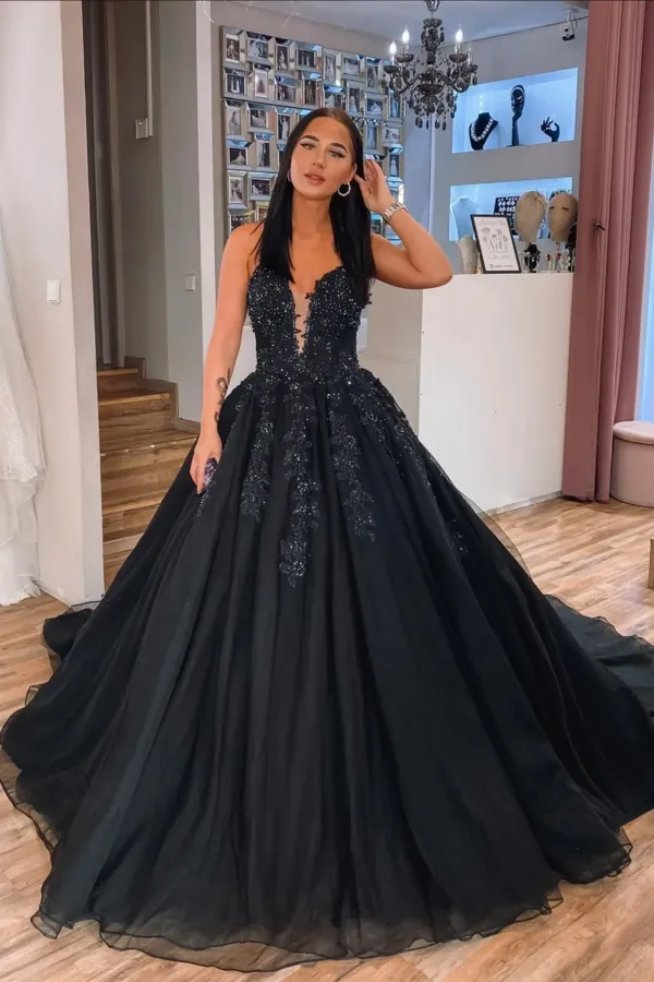 Black V Neck Lace Long Ball Gown, A Line Evening Party Dress APP0944