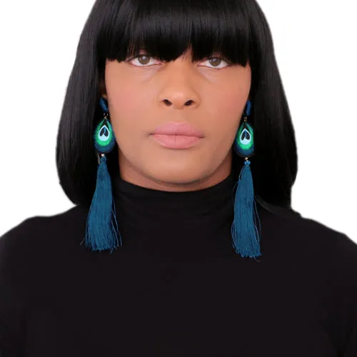 Blue Long Peacock Tassel Earrings