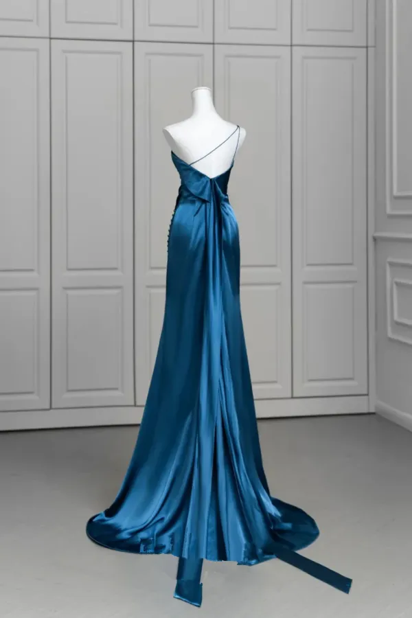 Blue Satin One Shoulder Long Party Dress with Leg Slit, Blue Satin Evening Dress APP1055