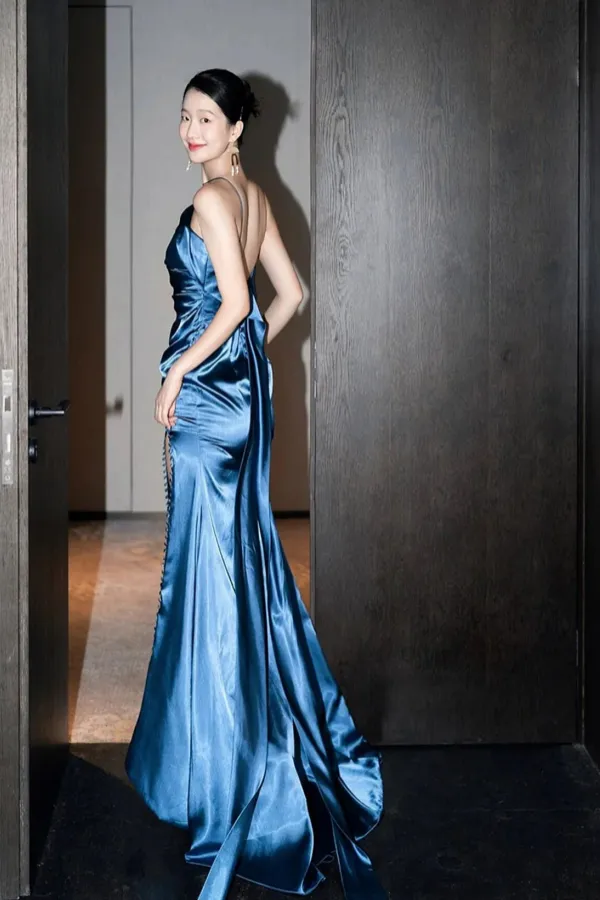 Blue Satin One Shoulder Long Party Dress with Leg Slit, Blue Satin Evening Dress APP1055
