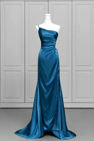 Blue Satin One Shoulder Long Party Dress with Leg Slit, Blue Satin Evening Dress APP1055