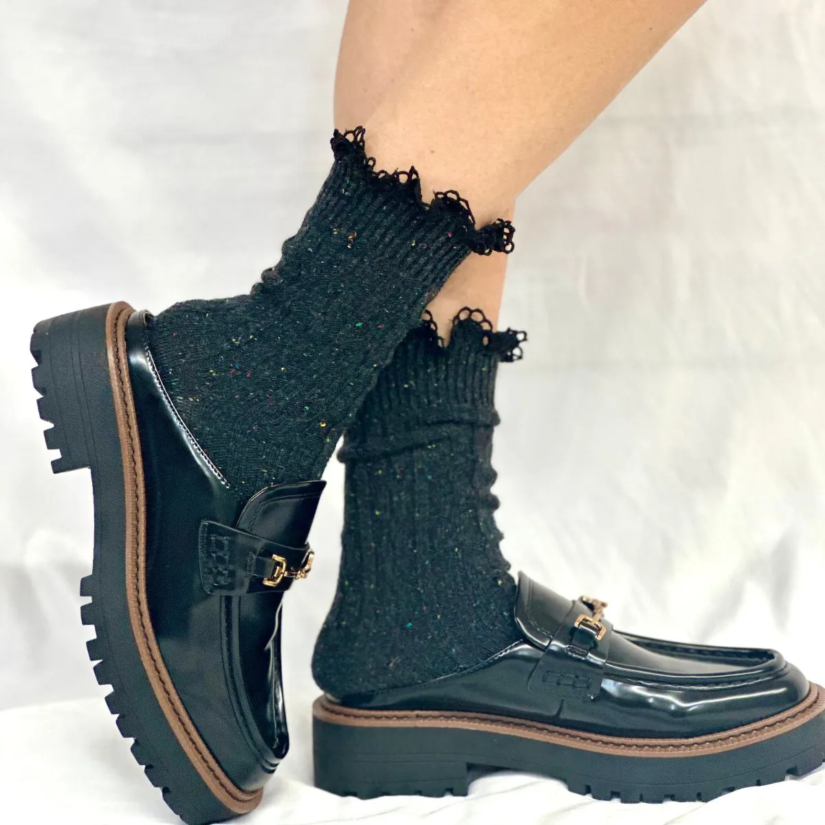 BOOTIE  lace tweed slouch  socks - charcoal (dark grey)