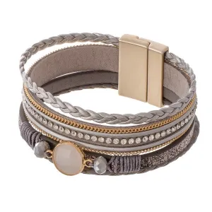 Braided Multi Strand Faux Leather Magnetic Bracelet Featuring Rhinestone and Stone