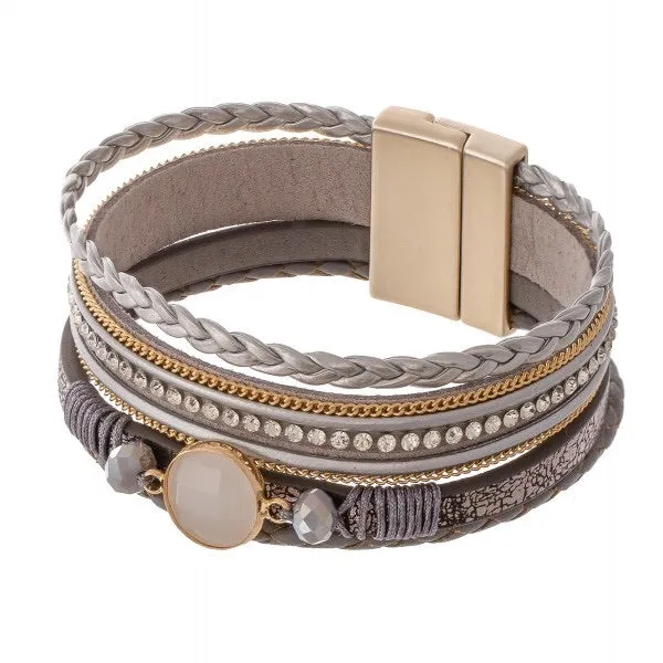 Braided Multi Strand Faux Leather Magnetic Bracelet Featuring Rhinestone and Stone