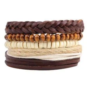 Brown And Cream Hemp, Bead And Braided Leather Multilayer Bracelet Set
