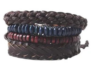 Brown Braided Leather with Red and Blue Beads Multilayer Bracelet Set
