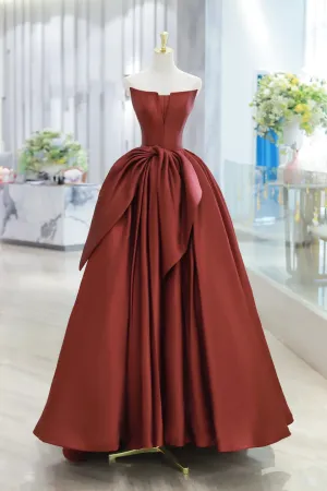 Burgundy Strapless Satin Long Prom Dress, Beautiful A Line Evening Party Dress APP0962