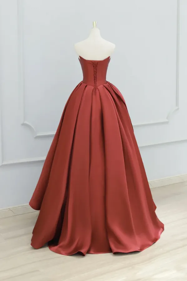 Burgundy Strapless Satin Long Prom Dress, Beautiful A Line Evening Party Dress APP0962