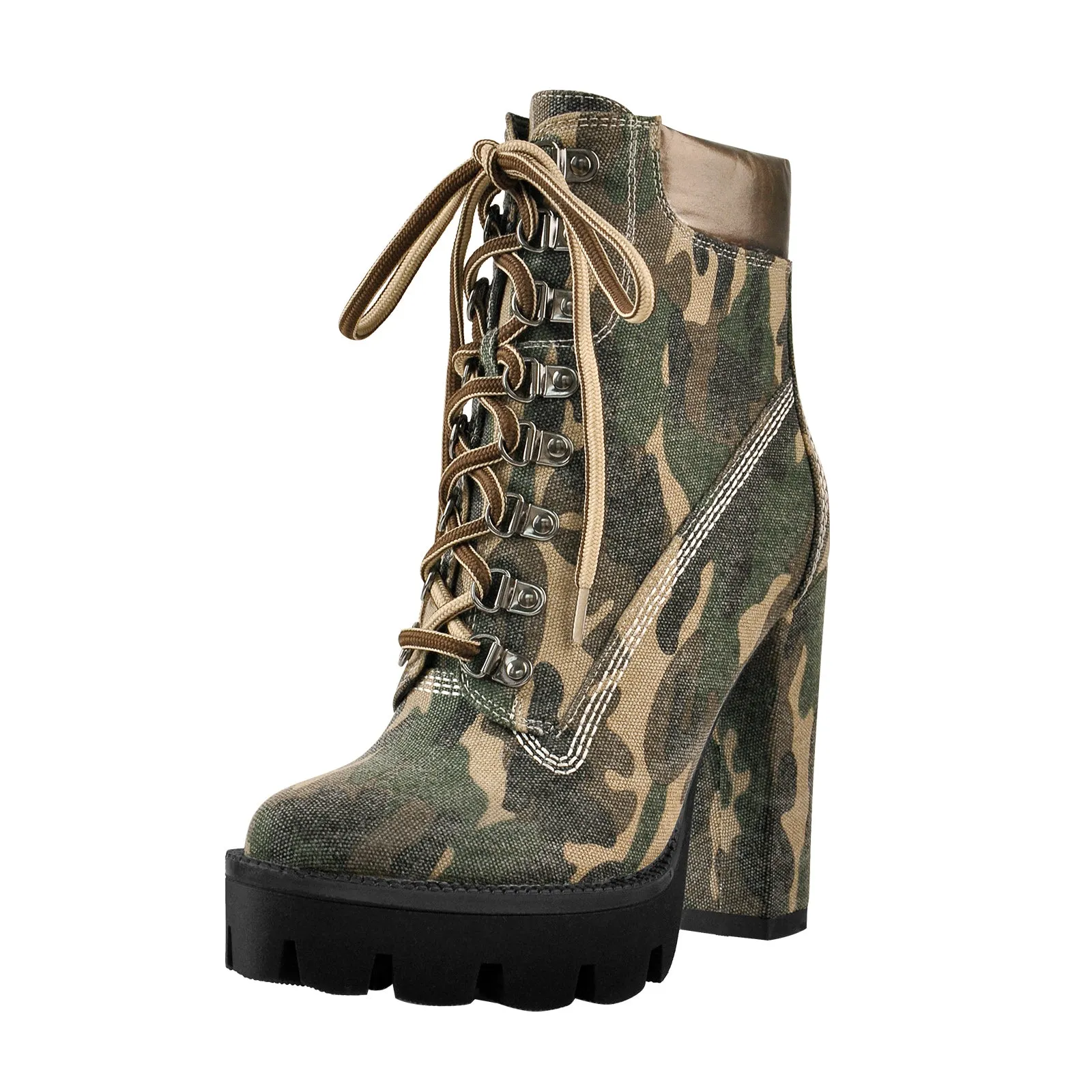Camouflage Round Toe Platform Chunky Heels Ankle Boots