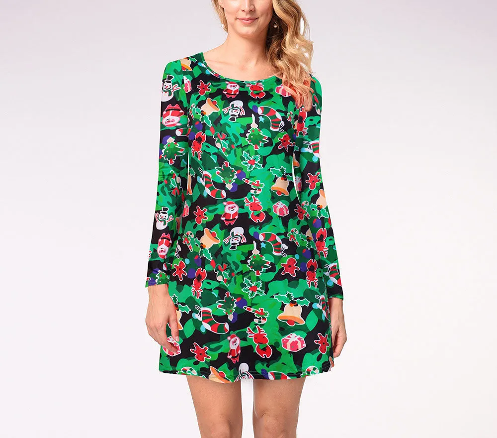 Casual Christmas Printed Dress Long Sleeve Dress